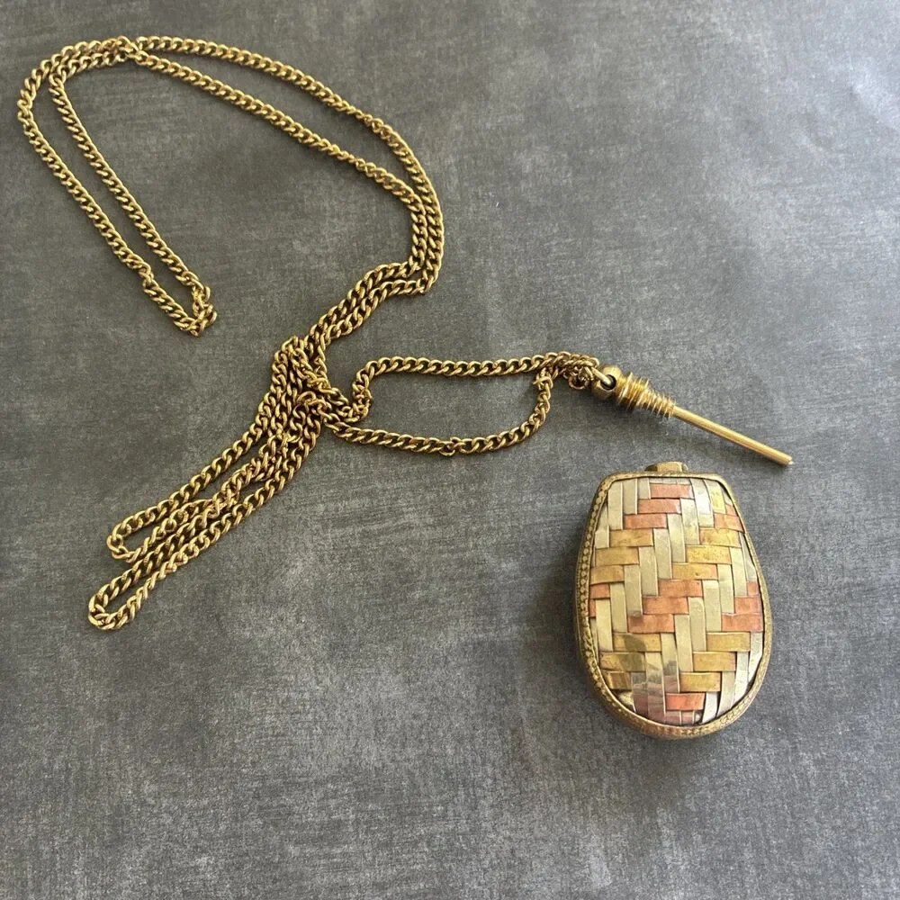 Vintage Perfume Bottle Necklace Pendant Chatelaine Woven Mixed Metal Flask 1.6oz